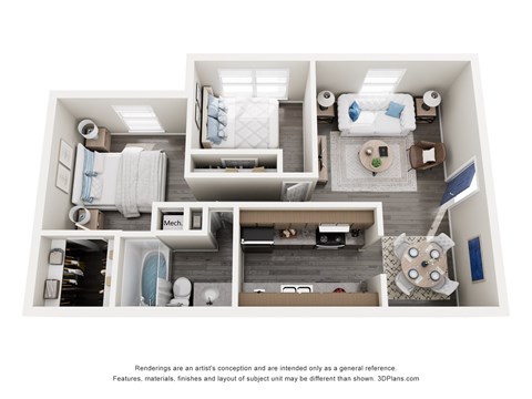 Floor plan for 2 beds, 1 bath, 790 sqft